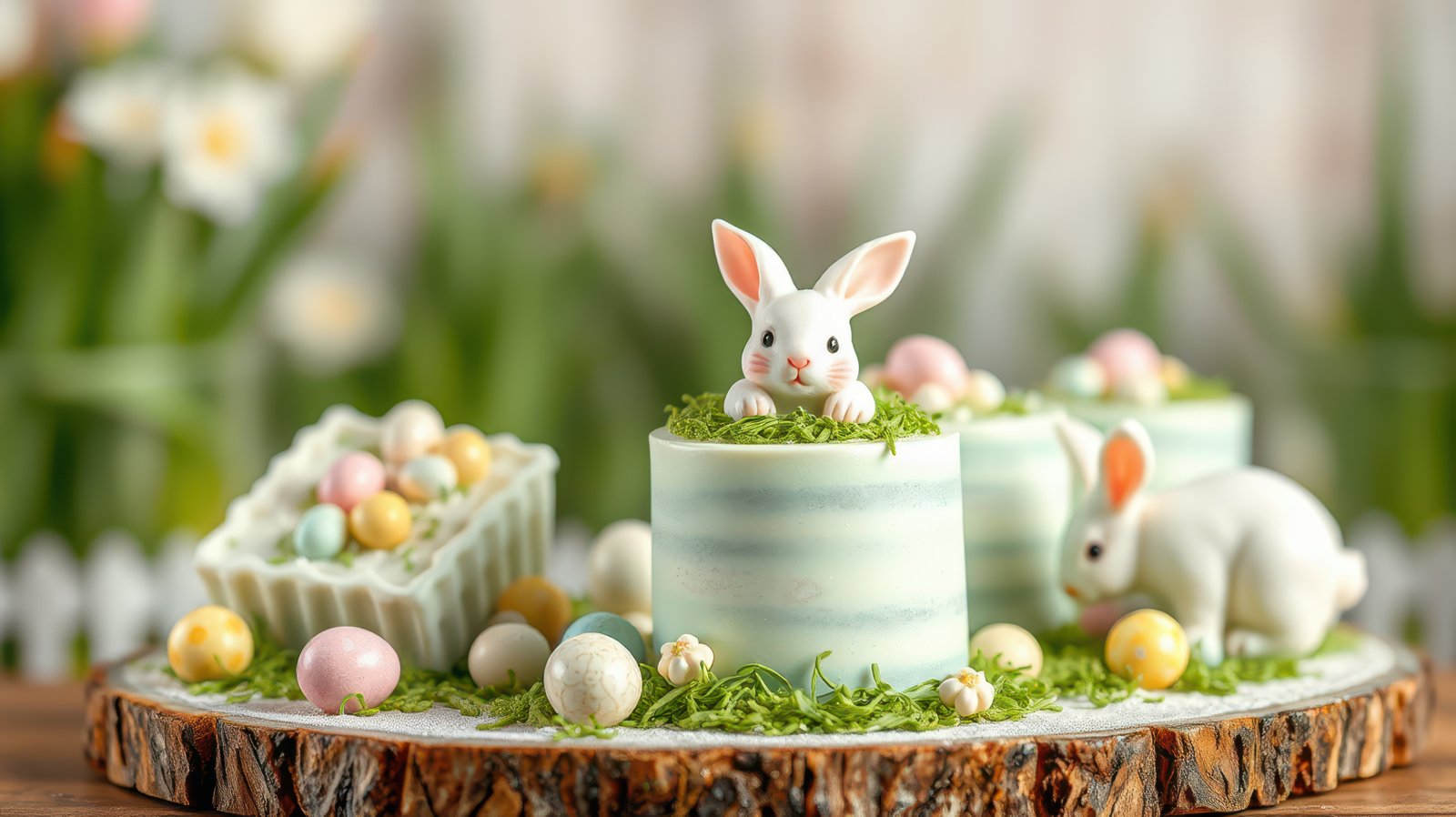 Colorful Easter dessert arrangement with bunny decorations and spring flowers in a festive setting